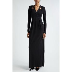 Emporio Armani Women's Black V-Neck Cutout Long Sleeve Pleated Gown Size 14 NWOT